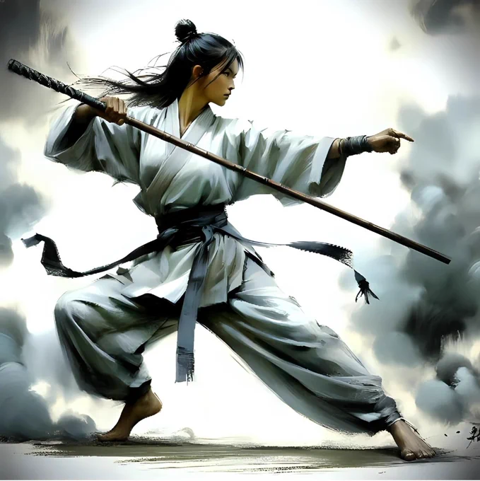 a martial artist in a dynamic pose, wielding a long staff. The individual is dressed in traditional martial arts attire, characterized by a loose-fitting white gi with a black belt tied around the waist. The martial artist's stance is wide and grounded, suggesting readiness and agility, with one foot forward and the other back. Their hair is tied up, and their expression is focused and intense, indicating concentration and determination. A smoky or misty background adds a sense of movement and drama, enhancing the sense of action and intensity in the scene. The overall composition conveys a sense of strength, discipline, and grace.