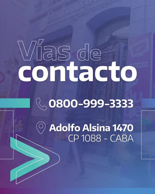imagen donde se ve de fondo el frente del edificio de la Defensoría del Público y texto que dice vías de contacto 08009993333 Adolfo Alsina 1470 CP 1088 CABA