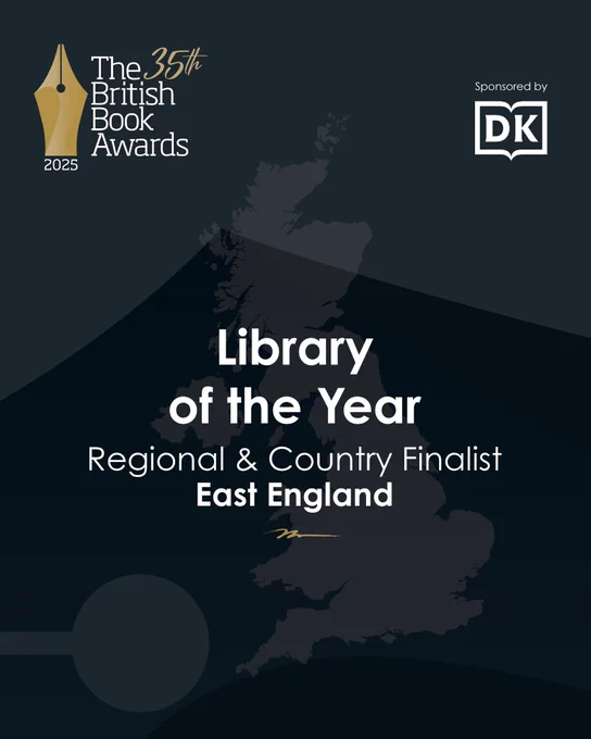 A grey image announcing Library of the Year regional and country finalist: East England with the golden nib British Book Award logo in the top left hand corner