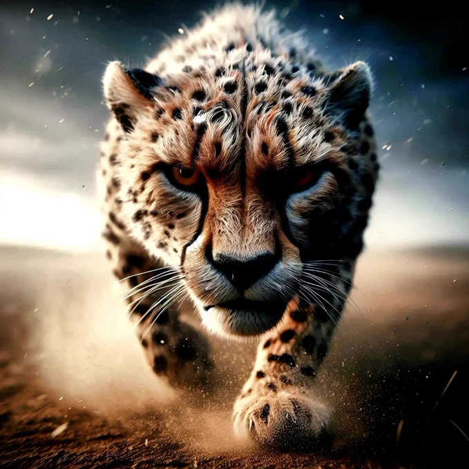 a powerful and dynamic scene of a cheetah in full sprint, captured with remarkable clarity and intensity. The focus is on the cheetah's face and front paws as it charges forward, its eyes locked onto its target with a fierce and determined gaze. Its fur is a beautiful mix of golden yellow and black spots, accentuating its sleek, aerodynamic body built for speed. The background is a blurred mix of earthy tones, emphasizing the cheetah's rapid movement across the terrain, while dust kicks up around its paws, adding to the sense of motion and urgency. The lighting creates dramatic shadows, highlighting the muscle definition and agility of this magnificent predator.