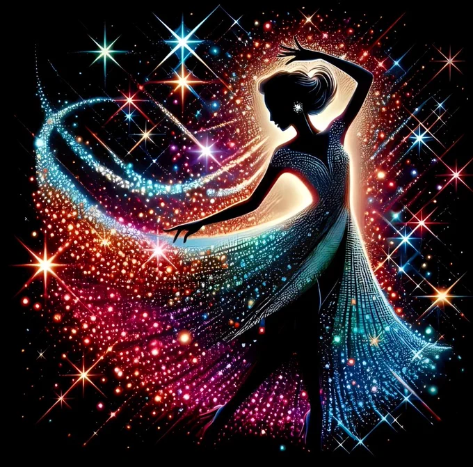 a striking silhouette of a dancer captured in an elegant pose, surrounded by a mesmerizing swirl of cosmic colors and sparkling stars. The figure's form is accentuated by fluid lines and dynamic curves, creating a sense of movement and grace. The background is a vibrant tapestry of twinkling lights, ranging from deep blues and purples to brighter pinks and oranges, evoking a sense of the universe or a starry night sky. The dancer's body is outlined by a shimmering, translucent dress that appears to be woven from the very stardust that surrounds her, adding to the ethereal and celestial quality of the scene.