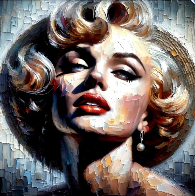 a stylized, artistic portrayal of Merlin Moore, wavy hair, reminiscent of a classic Hollywood star. Her head is tilted slightly upward, with her eyes half-closed, giving an expression of glamour and poise. The lighting casts dramatic shadows across her face, highlighting her full, red lips and elegantly arched eyebrows. She wears a single pearl earring that adds a touch of sophistication. The background and the subject are composed with textured brush strokes, creating a mosaic-like effect that adds depth and dimension to the image. The overall color palette is rich, with a blend of warm and cool tones that enhance the vintage, iconic feel of the portrait.