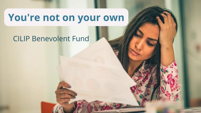You're not on your own. CILIP Benevolent Fund. Im age of woman looking at a bill wth a worried face