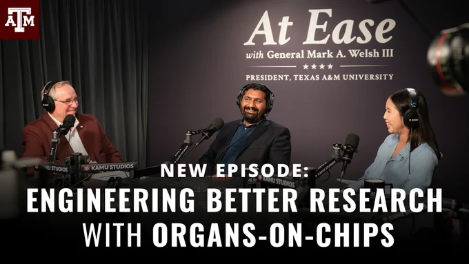 Podcast recording of 'At Ease with General Mark A. Welsh III' featuring two guests, discussing 'Engineering Better Research with Organs-on-Chips' at KAMU Studios, Texas A&M University.