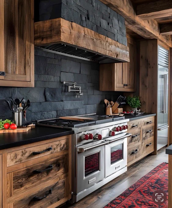 #TextureMatters, Natural stone backsplash ideas, kitchen design, inspiration, statement tiles, remodel, luxury home and house, warm wood cabinetry
 
Rustic modern kitchen with a black stone backsplash and warm wood cabinetry. Tiles are from Tile Town.