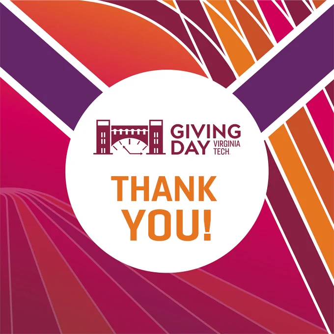 Colorful graphic with the Virginia Tech Giving Day logo and the words, "thank you!" underneath.