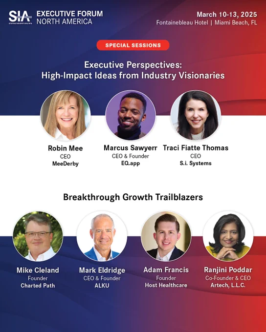 SIA has several industry thought leaders gracing the Executive Forum main stage in these engaging special sessions.

EXECUTIVE PERSPECTIVES
SIA President Ursula Williams hosts TED Talk-style presentations by top industry visionaries sharing high-impact ideas that are shaping the future of staffing.
📌 MeeDerby CEO Robin Mee
📌 EQ.app CEO & Founder Marcus Sawyerr
📌 S.i. Systems CEO Traci Fiatte Thomas

BREAKTHROUGH GROWTH TRAILBLAZERS
SIA Chief Analyst Barry Asin hosts a panel of successful entrepreneurs sharing their case studies of breaking through barriers to achieve significant growth.
📌 Charted Path Founder Mike Cleland
📌 ALKU CEO & Founder Mark Eldridge
📌 Host Healthcare Founder Adam Francis
📌 Artech L.L.C. Co-Founder & CEO Ranjini Poddar