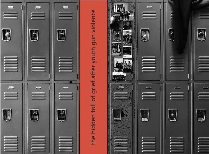 A photo of a bank of high school lockers. Two of the lockers are decorated with photos of and RIP messages about a student who lost his life to gun violence. A red vertical stripe down the center of the photo has the article's title: "The Hidden Toll of Grief after Youth Gun Violence."