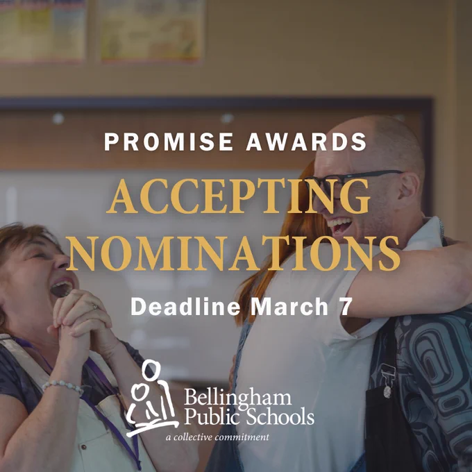 Text graphic reading Promise Awards Accepting Nominations Deadline March 7 with BPS logo and background image of staff celebrating a past recipient