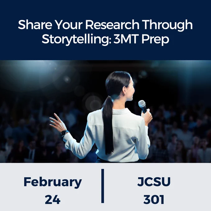 Share your research through storytelling: 3MT prep, Feb. 24, JCSU 301; photo of a student giving a speech on stage with a microphone 