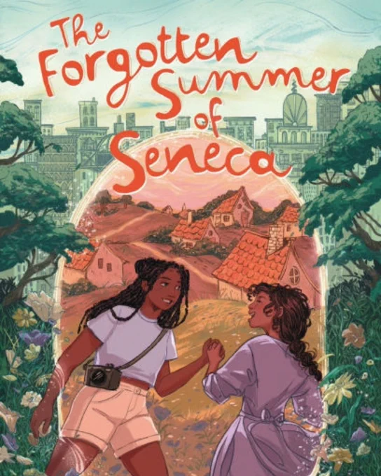 The cover of my book! Two black girls are entering a portal to a village with older looking houses. There are green flowers and trees everywhere, and the city skyline in the background.