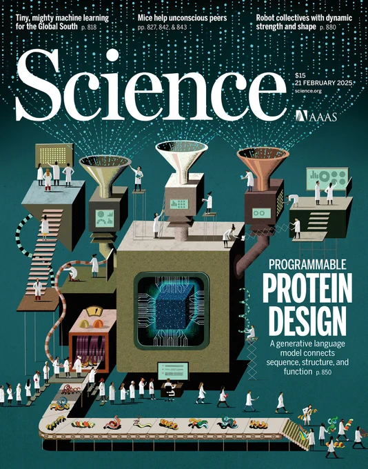 This illustration depicts users lining up to input prompts at a console attached to a machine that represents the language model. Three large funnels represent inputs from public databases of protein sequences, structures, and functional annotations. 