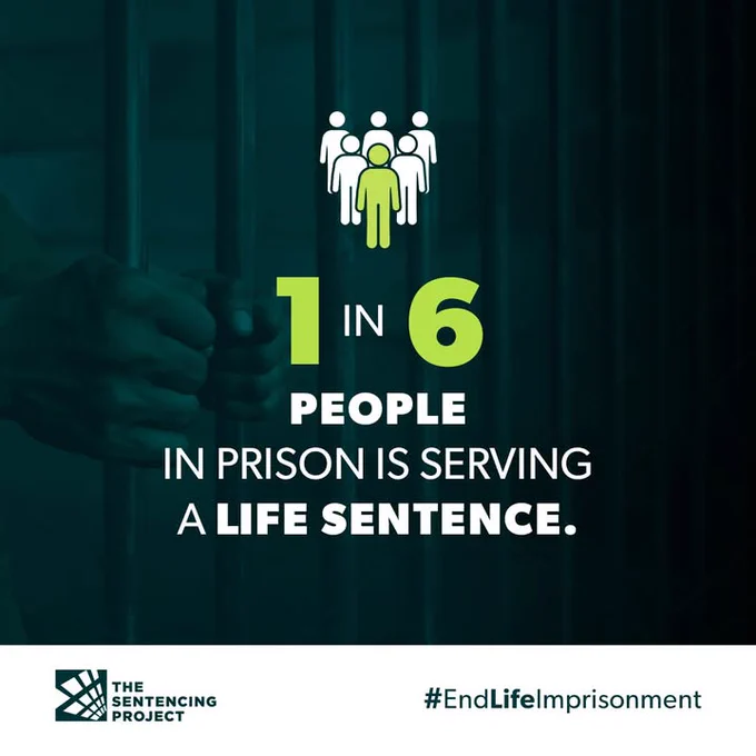 An infographic by The Sentencing Project showing a silhouette of a person behind bars with the text, "1 in 6 people in prison is serving a life sentence," along with the hashtag "#EndLifeImprisonment.