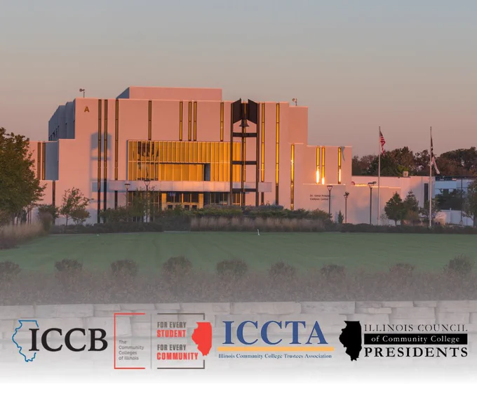 JJC Main Campus during sunset with logos of ICCB, ICCMC, ICCTA and ICCCP at bottom