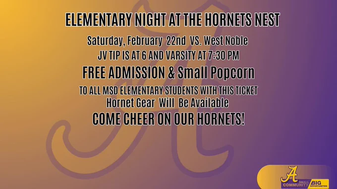 Elementary Night at basketball game Saturday Feb 22nd