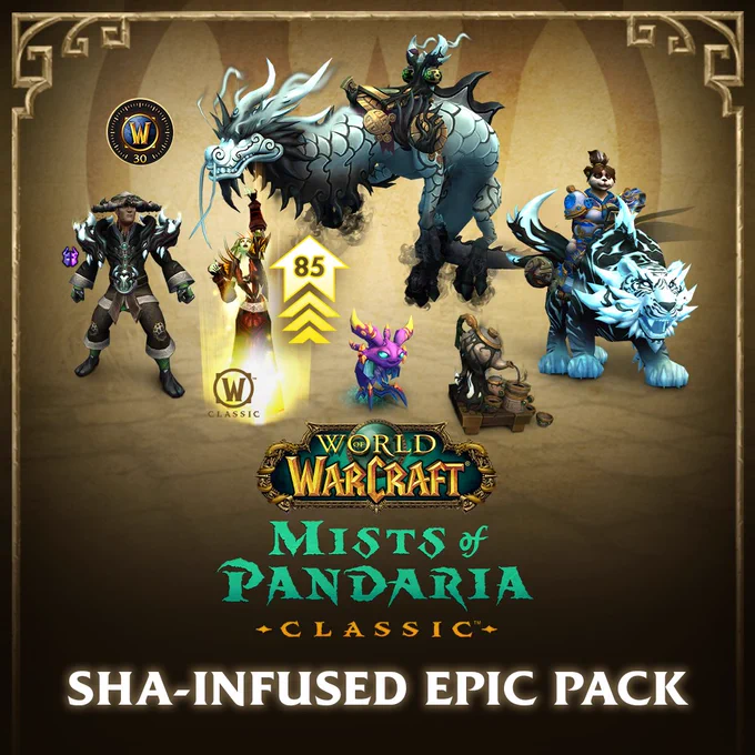 An image featuring several upcoming in-game rewards in the upper half and the Mists of Pandaria Classic logo in the lower half, with large text that reads “Sha-Infused Epic Pack”. The rewards shown from left to right are as follows:

A human wearing the Stormstout’s Sha-Warped transmog set.
An icon for 30 days of game time.
An undead player character celebrating a boost to Level 85.
The Sha-Warped Cloud Serpent flying mount.
The Sha companion pet Joyous.
The Sha-Touched Tea Set toy.
A pandaren player character riding the Sha-Touched Riding Tiger mount.
