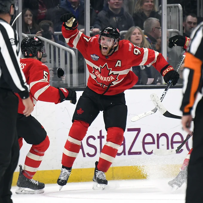 Connor McDavid celebrates his 4 Nations winning goal