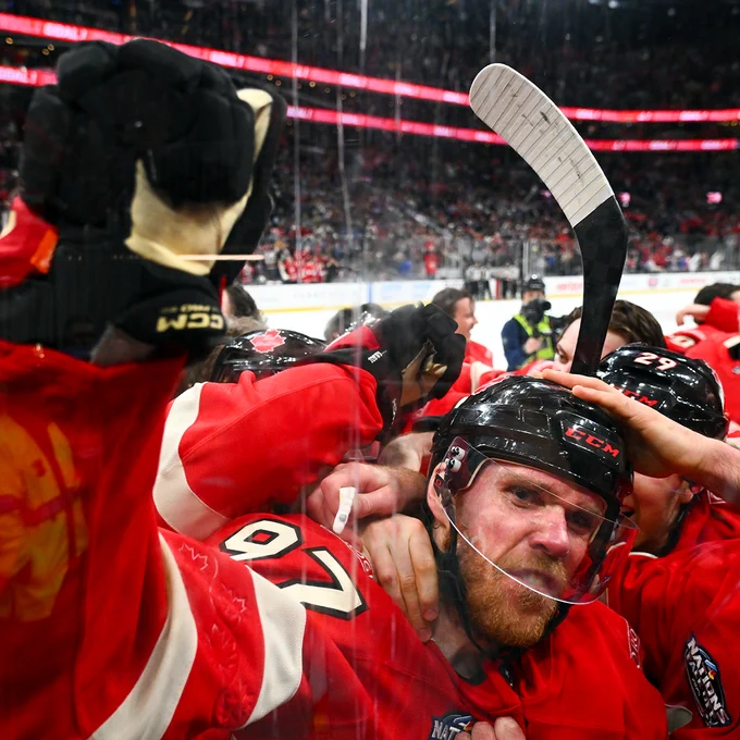 Connor McDavid celebrates his 4 Nations winning goal