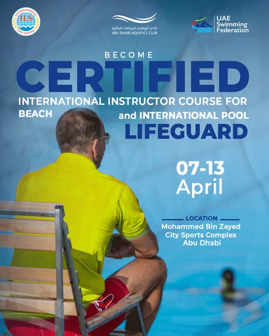  Join us for the International Lifeguard Course🌊
With the goal of developing a safe and secure aquatic environment for everyone, the International Life Saving Federation, in collaboration with the UAE Swimming Federation and Abu Dhabi Aquatics Club, is excited to announce the organization of the International Lifeguard Course.

📅 Course Date: April 7-13, 2025
📍 Location: Abu Dhabi Aquatic Sports Club, Olympic Pool at the Mohammed bin Zayed City Sports Centre, Abu Dhabi.
For registration or more information، please send us an email to: info@adaquaticsclub.ae | admin@adaquaticsclub.ae
📱 Or contact us at: 0509114665