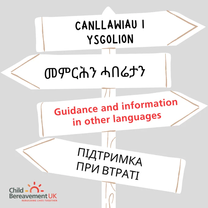 A white signpost on a grey background has four arrows reads pointing in different directions. The text reads: 'Guidance and information in other languages' alongside the Child Bereavement UK logo