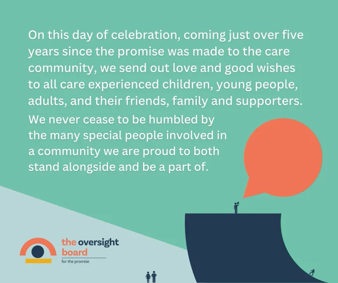 Illustration of a figure standing up on a ramp with a megaphone and a speech bubble making a statement. Text above reads "On this day of celebration, coming just over five years since the promise was made to the care community, we send out love and good wishes to all care experienced children, young people, adults, and their friends, family and supporters. We never cease to be humbled by the many special people involved in a community we are proud to both stand alongside and be a part of".