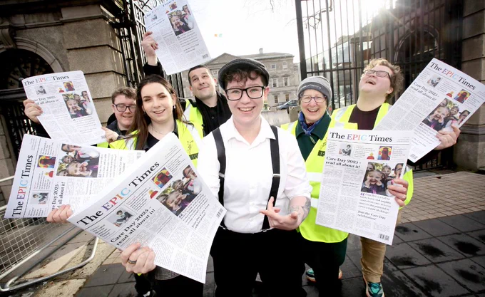 EPIC Youth Council and staff outside Leinster House on Care Day eve at the launch of their new newspaper, The EPIC Times