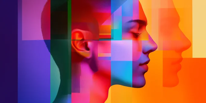 Abstract digital artwork of a human face in profile, composed of vibrant geometric shapes and bold colors, including shades of blue, red, orange, and purple.