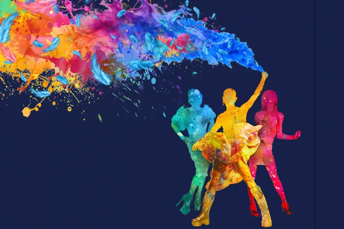 A photo showing the coloured silhouettes of three performers 