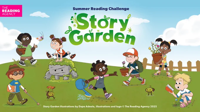 Summer Reading Challenge asset with illustrated characters on grass with a cloudy blue sky. Story Garden title and The Reading Agency logo.
