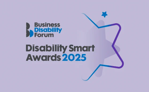 "Logo for the Business Disability Forum's Disability Smart Awards 2025. The design features the organization's name in bold black and blue text on a light purple background. 'Disability Smart Awards 2025' is written in dark gray and blue, with a stylized star outline in gradient blue and purple on the right side, symbolizing achievement and excellence in disability inclusion."
