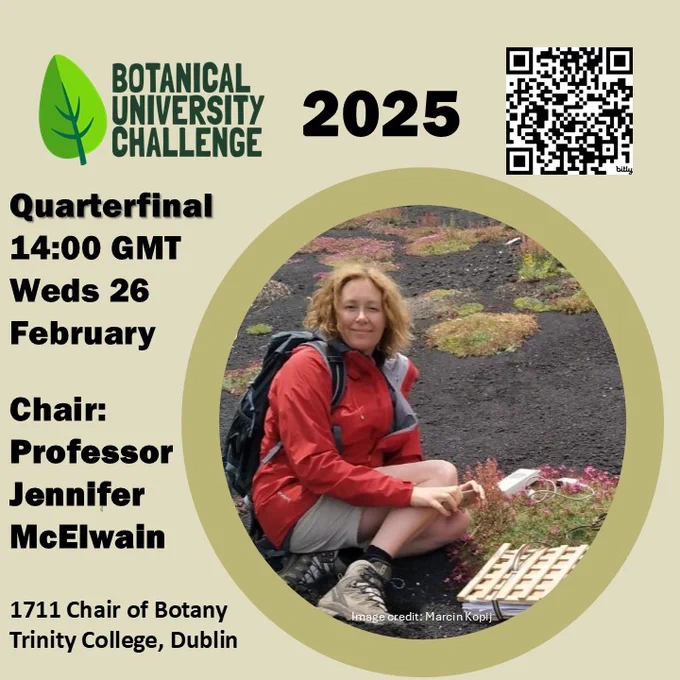 Chair asking the questions in Botanical University Challenge 2025 Quarterfinal starts 14:00 GMT Weds 26 February. Chair is Prof Jennifer McElwain, 1711 Chair of Botany, Trinity College Dublin. Picture of her. Young woman with scientific equipment sitting on the black volcanic soil slope of Mount Etna.
