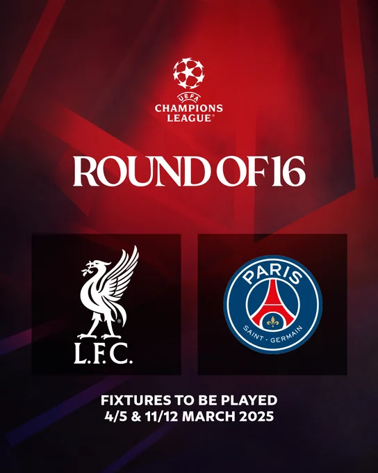 Graphic showing that Liverpool will face PSG in the UEFA Champions League last 16.