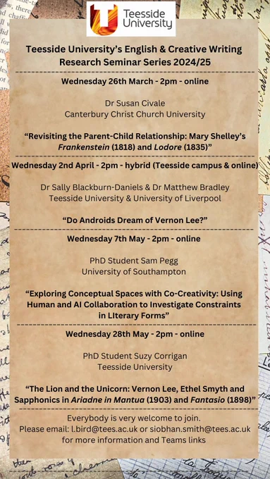 A poster, the background is different shades or yellow and brown with unreadable handwriting. The foreground is supposed to look like old paper - a mixture of brown shades with printed details of the upcoming talks. Email siobhan.smiht@tees.ac.uk for more information.