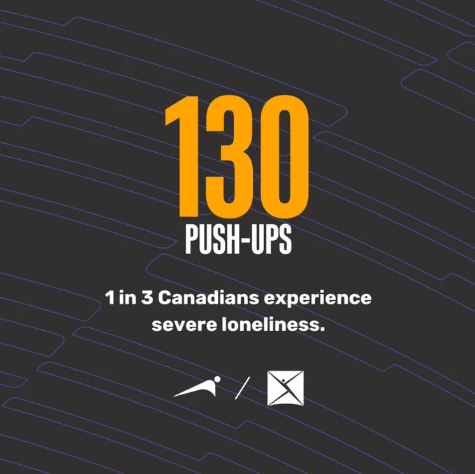 A dark coloured square. In the middle it says “130 push-ups”. “1 in 3 Canadians experience severe loneliness”.