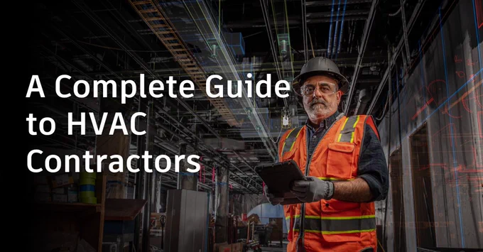Person in a safety vest and helmet holding a tablet inside an industrial facility, with text overlay reading 'A Complete Guide to HVAC Contractors'.