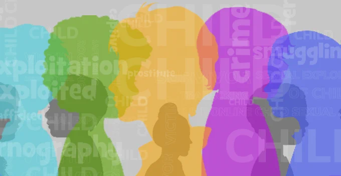 Illustration of children's silhouettes, with words descriptive of sexual abuse laid over the children.