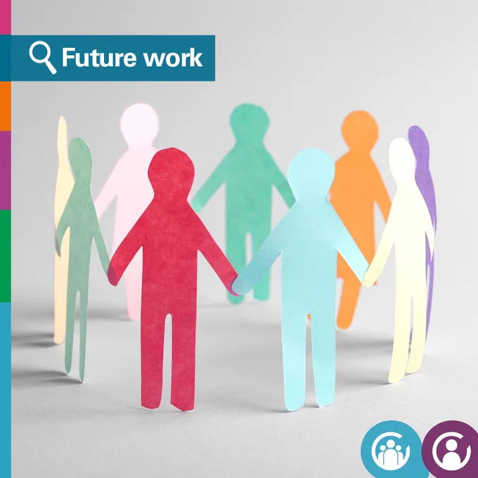 Image with Audit Scotland branding. Text says: Future work. Colourful paper cut outs of people holding hands in front of a backdrop.