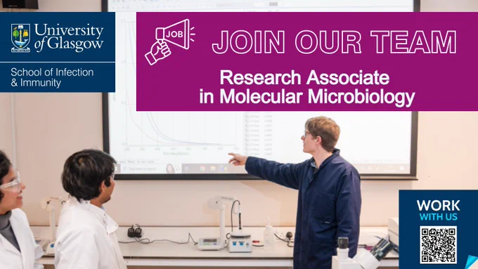 A graphic with details of the vacancy, a QR code for applying, and the UofG Sii logo, all over an image of a scientists teaching two students in the lab.