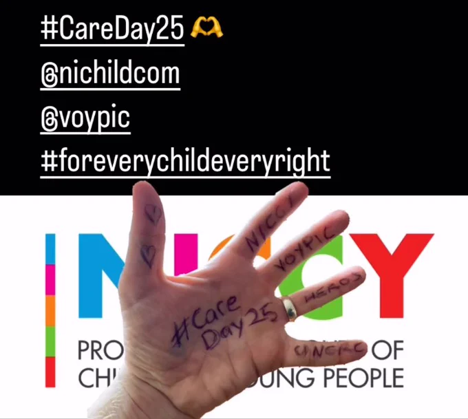 Picture of Chris’s hand with #CareDay25 UNCRC hero’s voypic Niccy and two hearts drawn on with Niccy logo in background