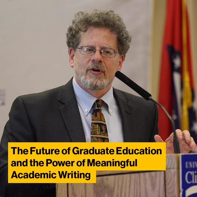 Leonard Cassuto speaks into a microphone behind a podium. The text "The Future of Graduate Education and the Power of Meaningful Academic Writing" is highlighted in gold.