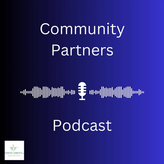 Community Partners Podcast poster with a blue background also with a Wave signal and microphone in the middle, and V4A logo in bottom left
