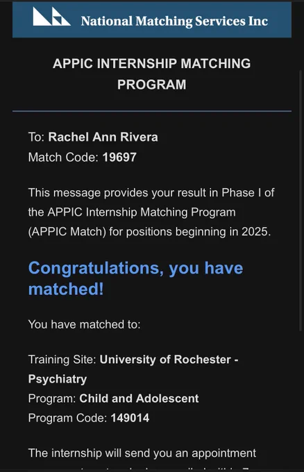 Email from the National Matching Services that I matched at the University of Rochester - Psychiatry, child and adolescent track