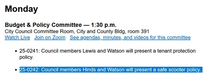 screen shot of budget & policy committee meeting on Monday 1:30 PM where bill 25-0242 will be presented for a "safe scooter policy"