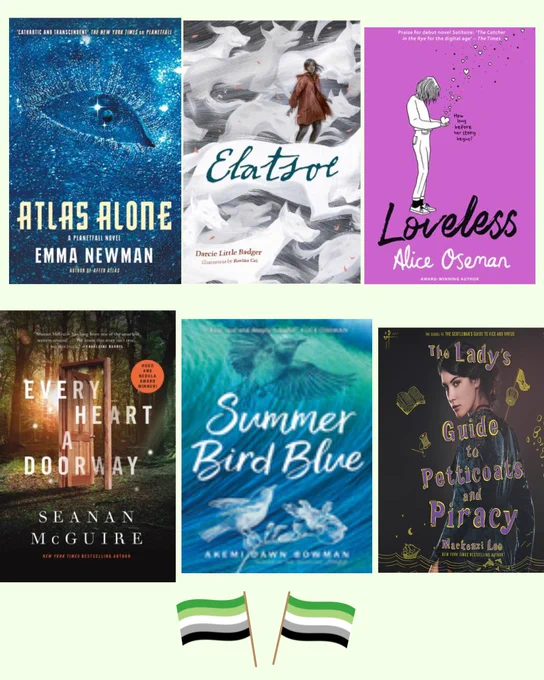 Picture shows book recommendations for Aromantic Spectrum Awareness Week  -Elatsoe, Atlas Alone, Loveless, Every heart a doorway, Summer bird Blue and the Lady's guide to petticoats and piracy.