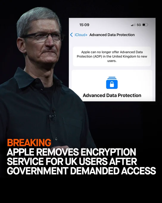 Image of Apple's Tim Cook with text reading: "Apple removes encryption service for uk users after government demanded access"