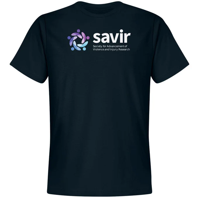 image shows the Society for Advancement of Violence and Injury Research name and logo on a blue t-shirt