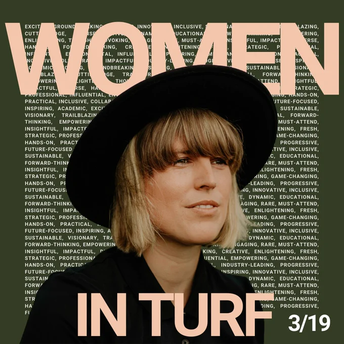 Christine Fraser wearing a black hat stands in front of a background filled with words like "inclusive," and "impactful". The words "WOMAN IN TURF" is prominently displayed in large, bold lettering.