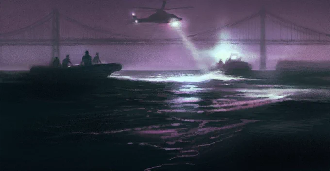 Illustration of a helicopter and boats on a darkened San Francisco Bay.