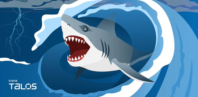 A cartoon illustration of a great white shark breaking through a wave baring its teeth. 