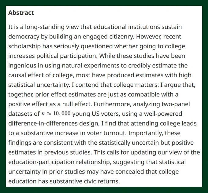 BJPolS abstract from a scholarly article discussing the impact of higher education on civic engagement, suggesting that attending college leads to a significant increase in voter turnout and proposing a positive correlation with sustained civic returns.